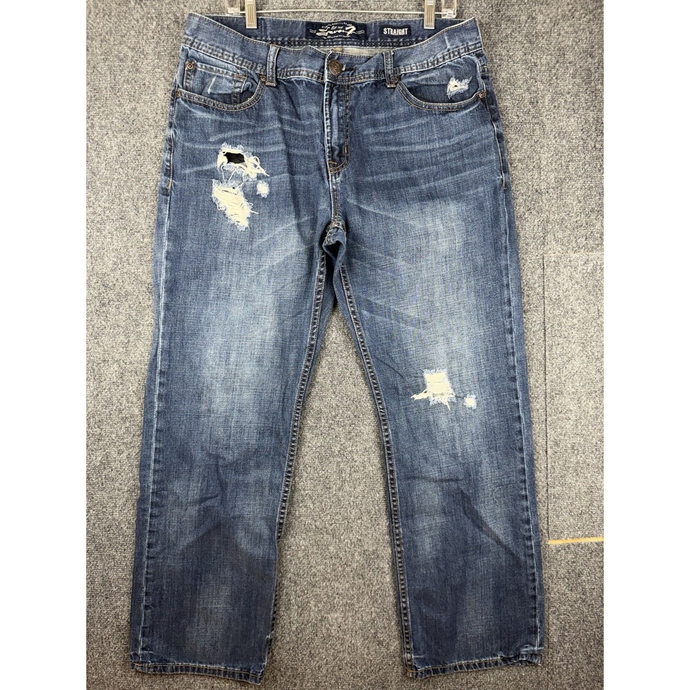 MENS SEVEN 7 FOR ALL MANKIND "THE STRAIGHT" BLUE DENIM JEANS 36X32 DISTRESSED - Picture 1 of 9